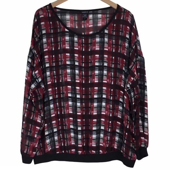 TORRID Top Blouse Pullover Plaid Grid Stripe Sheer Lightweight Plus Size 2X - Picture 1 of 12